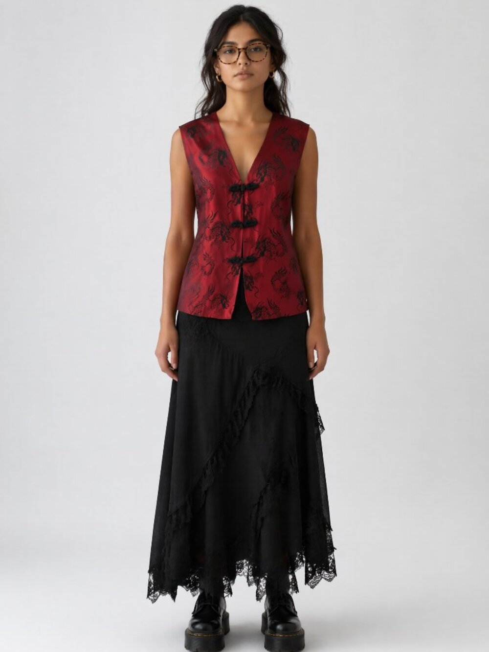 Vintage 90's Red Tafetta Jacquard Vest Gothic Dragon Print 14/16 XL